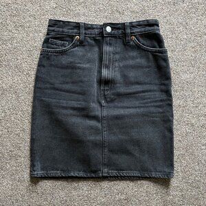 Monki Washed Black Denim Mini Pencil Skirt Womens 32 XS High Waisted Jean Skirt